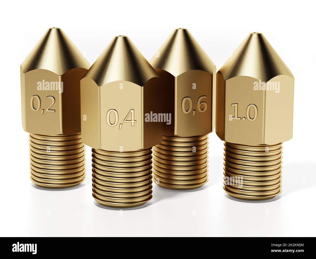 Brass 3D printer nozzles isolated on white background. 3D illustration Stock Photo