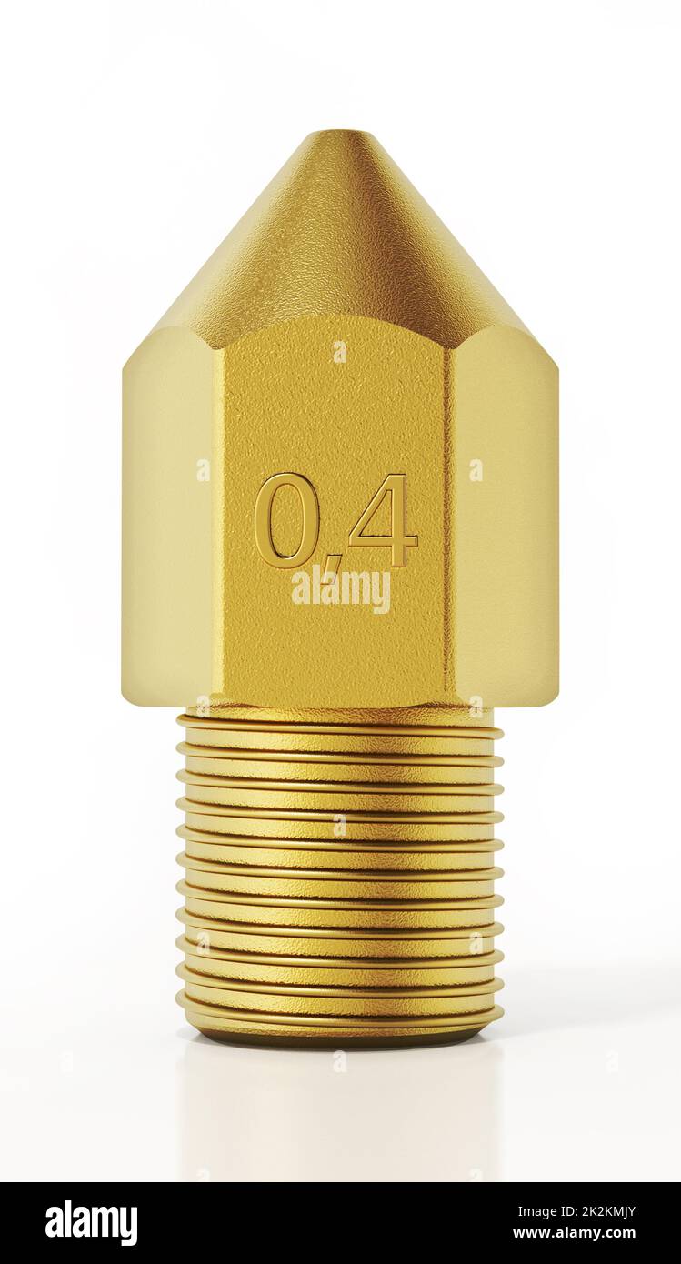 Brass 3D printer nozzle isolated on white background. 3D illustration