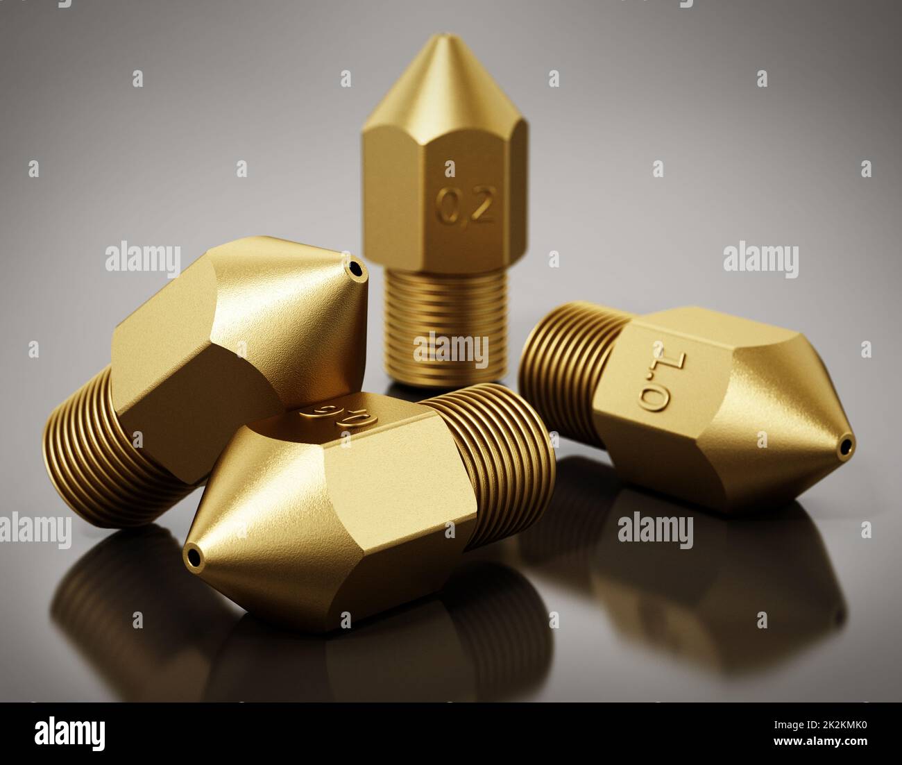 Brass 3D printer nozzles isolated on gray background. 3D illustration Stock Photo