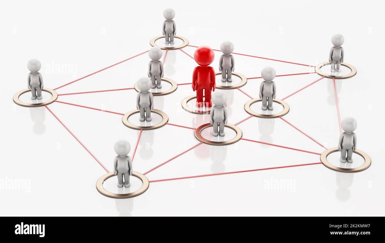 3D simplistic characters linked to each other with a red figure at the center. Business network concept. 3D illustration Stock Photo