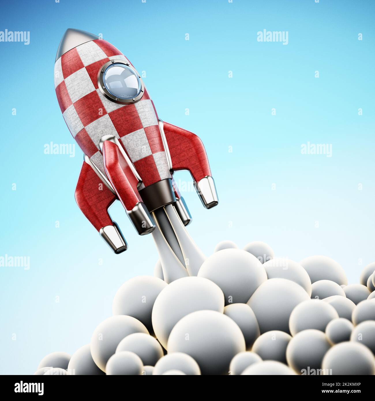Vintage rocket ship launching to space. 3D illustration Stock Photo