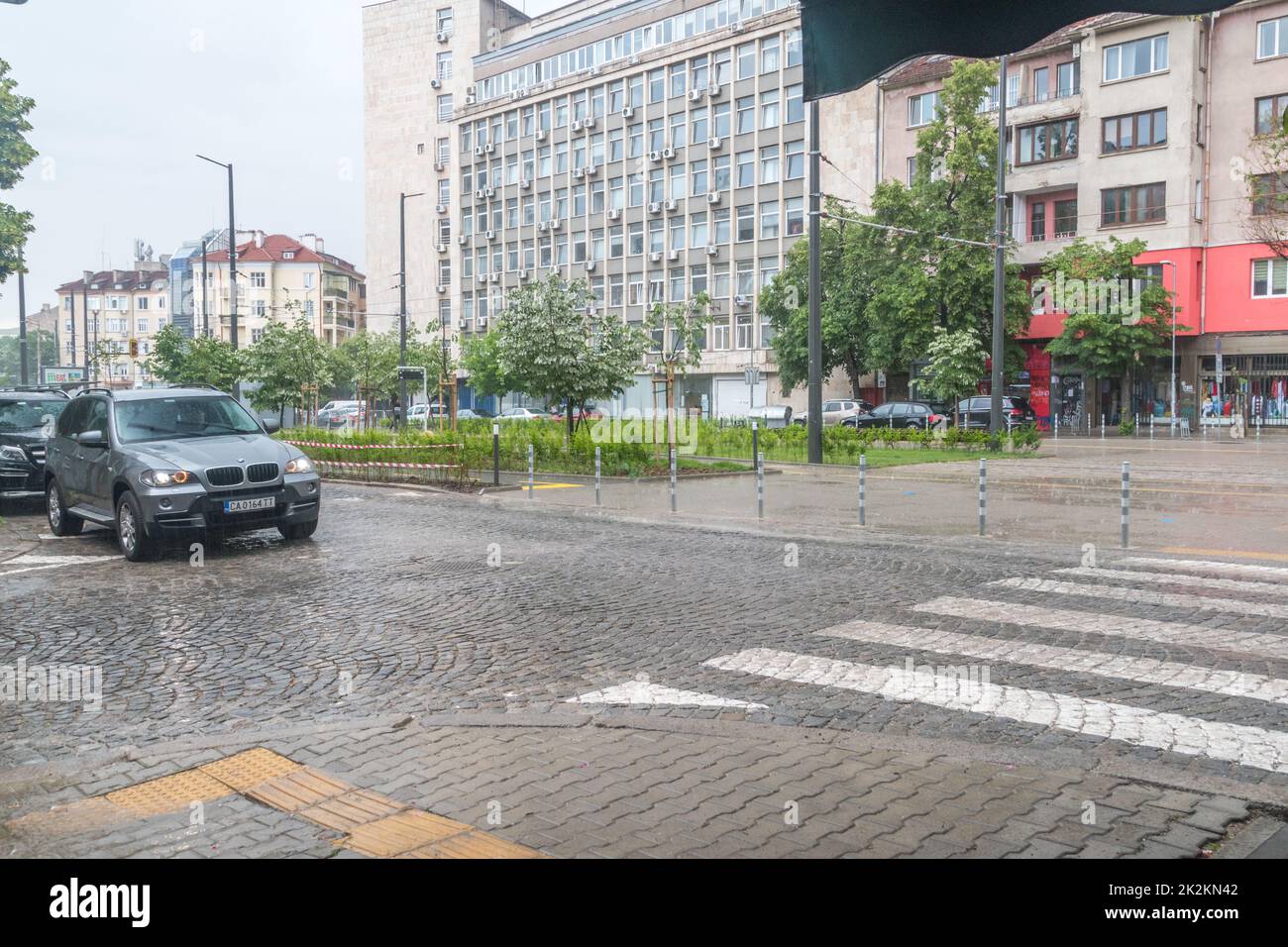 Sofia, Bulgaria - June 6, 2022: Heavy rain in city center of Sofia. Stock Photo
