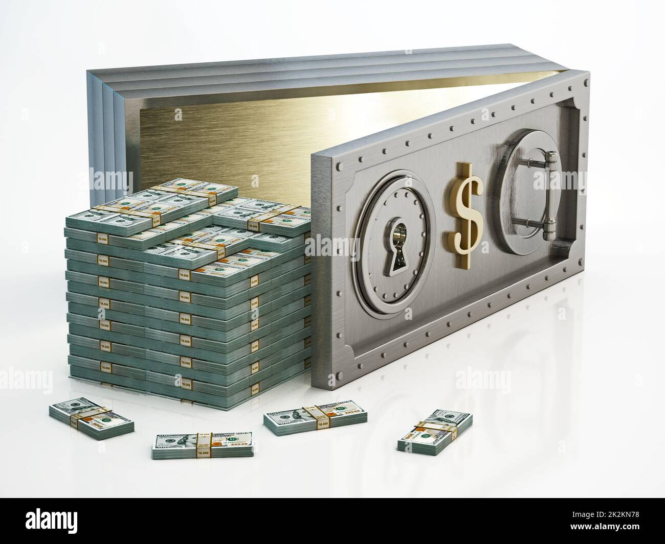 Dollar bill shaped money safe and bankrolls isolated on white background. 3D illustration Stock Photo