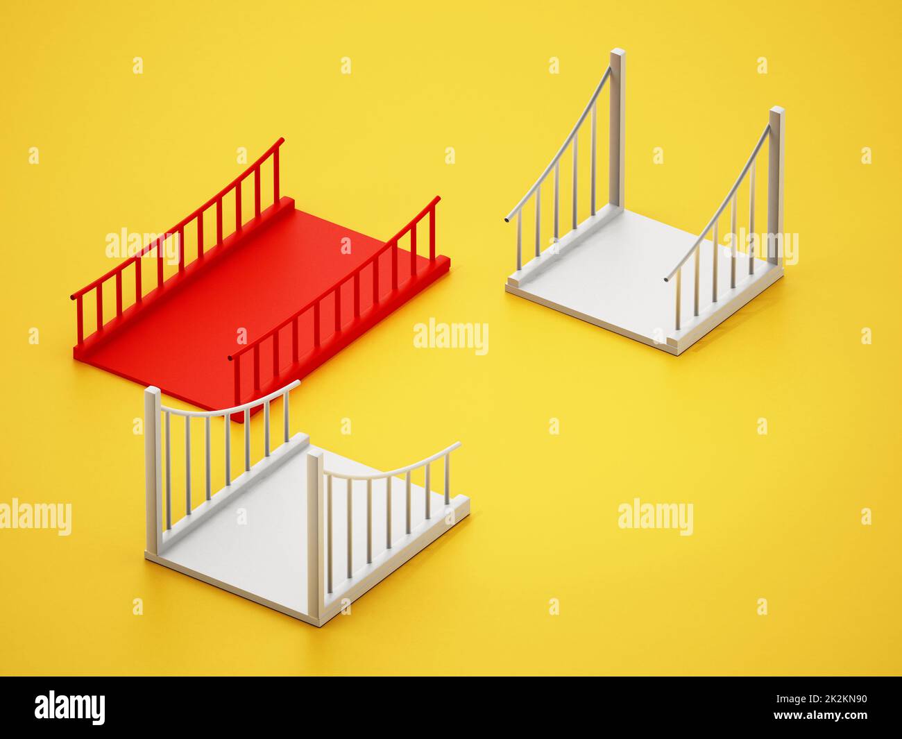 Red bridge part fitting white parts. Building bridges concept. 3D illustration Stock Photo