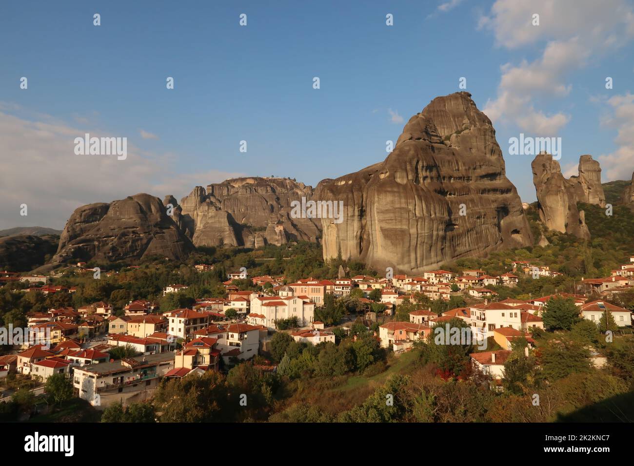 View over Kastraki with rock formations in the background, Meteora Monasteries Stock Photo