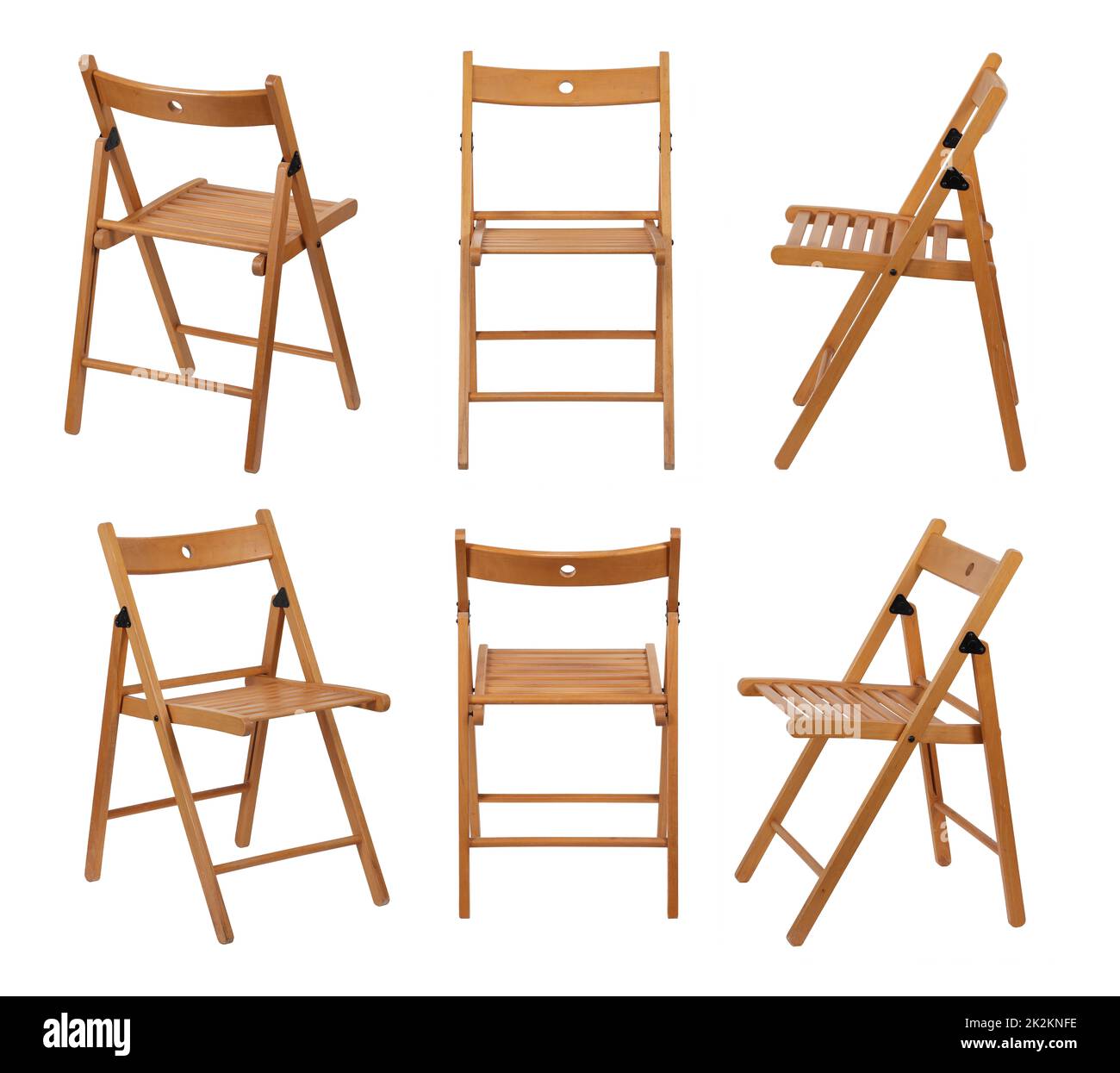Six angles of a folding wood chair on white with clipping path Stock