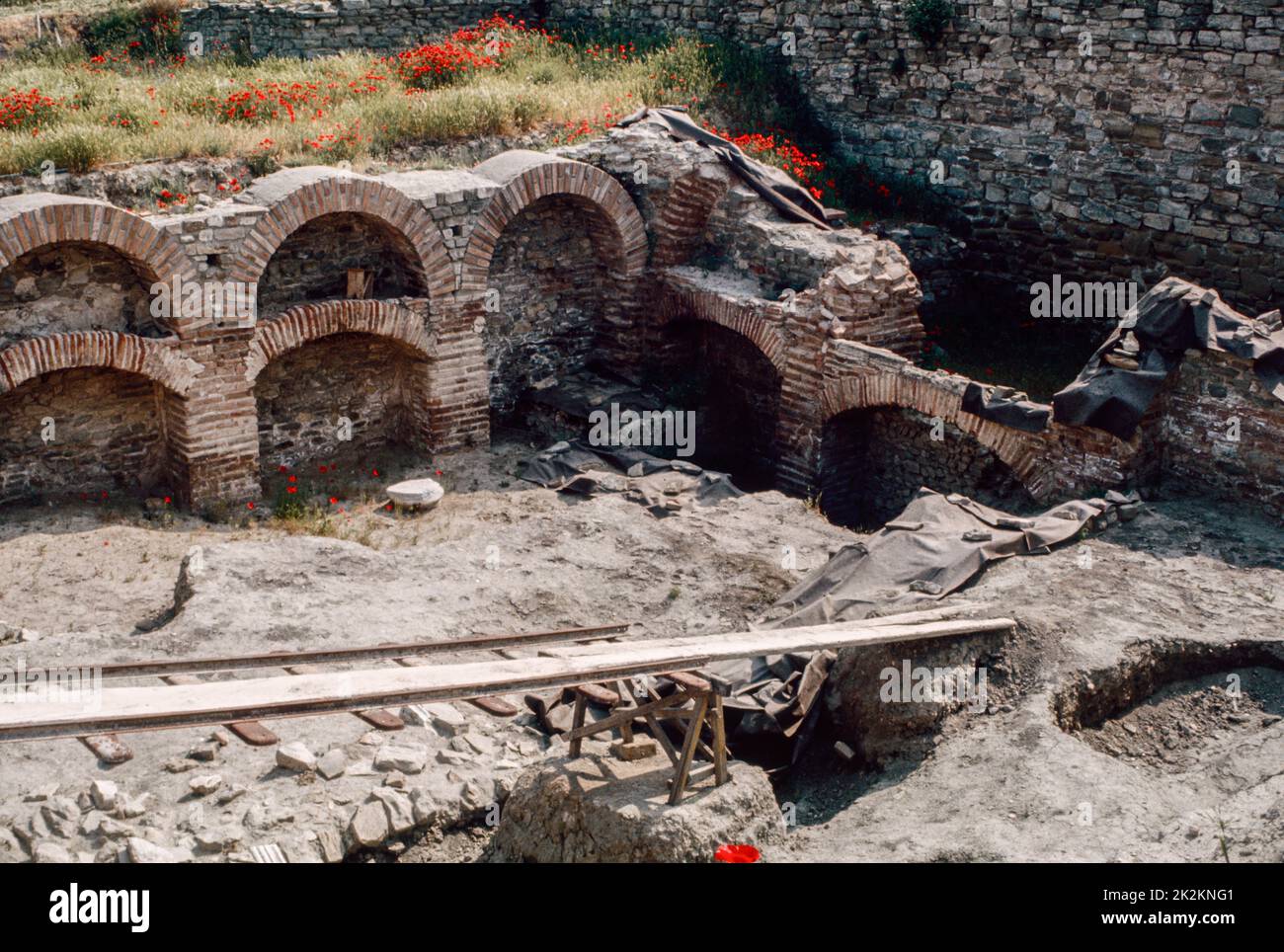 Excavations in progress near South Wall in Stobi or Stoboi (in former Yugoslavia) - an ancient town of Greek Paeonia, later conquered by Macedon, and finally turned into the capital of the Roman province of Macedonia Salutaris. May 1980.  Archival scan from a slide. Stock Photo