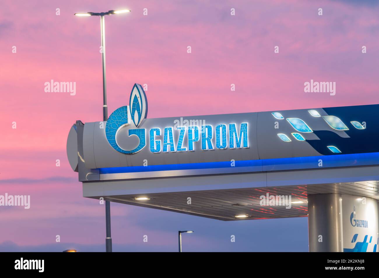 Gornja Toponica, Serbia - June 6, 2022: Logo and sign of Gazprom at gas station. Gazprom is a Russian majority state-owned multinational energy corpor Stock Photo