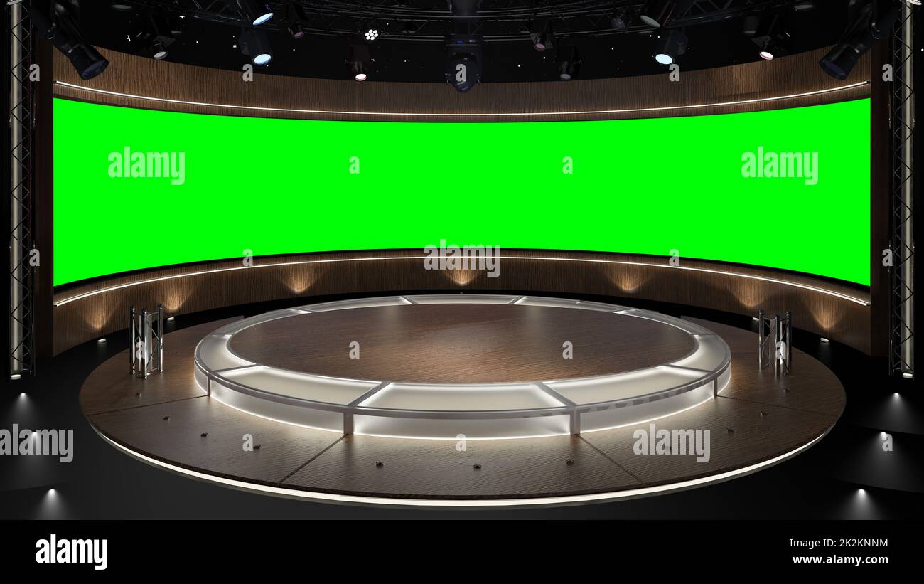 Virtual TV Studio Set. Green screen background. 3d Rendering Stock