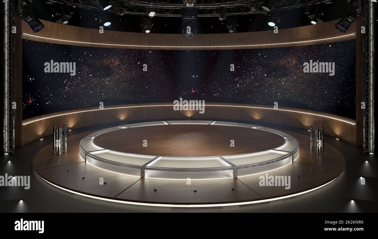 Virtual TV Studio Set. Green screen background. 3d Rendering Stock