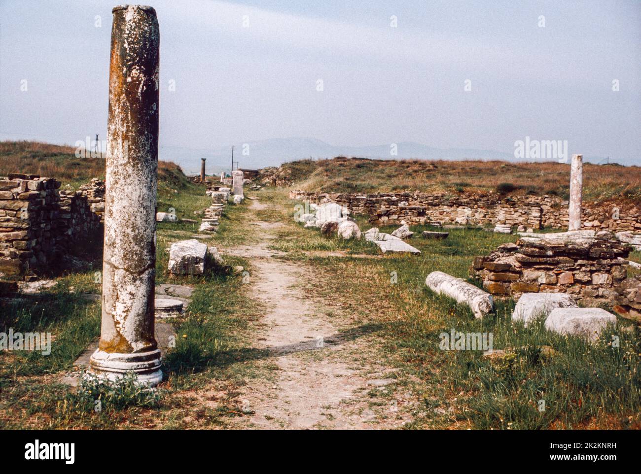 West Street, excavations in progress at the archaeological site in  Stobi or Stoboi (in former Yugoslavia) - an ancient town of Greek Paeonia, later conquered by Macedon, and finally turned into the capital of the Roman province of Macedonia Salutaris. May 1980.  Archival scan from a slide. Stock Photo