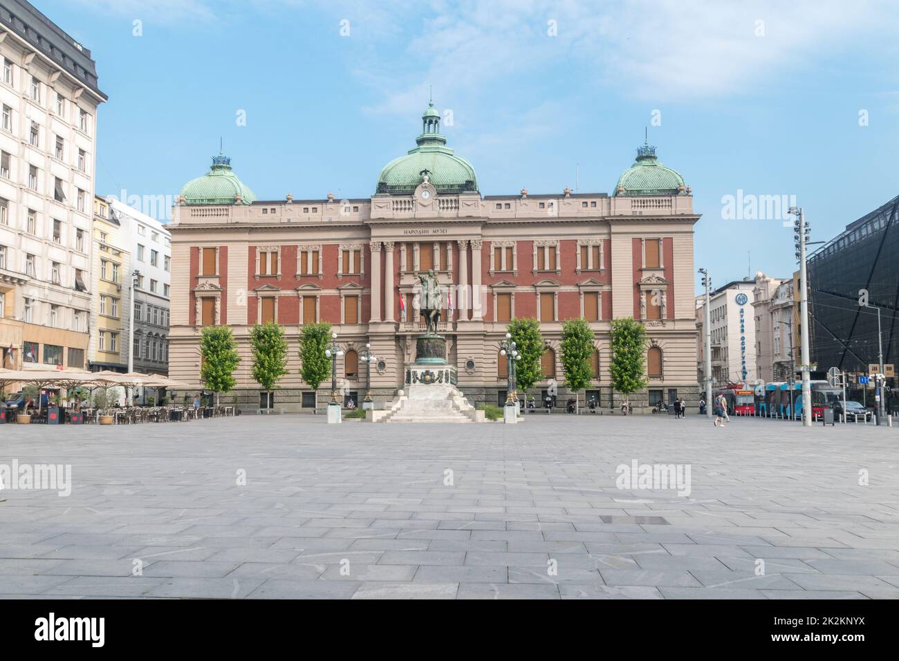 Belgrade, Serbia - June 7, 2022: Republic Square with the statue of Prince Mihailo and front facade of the National Museum of Serbia. Stock Photo
