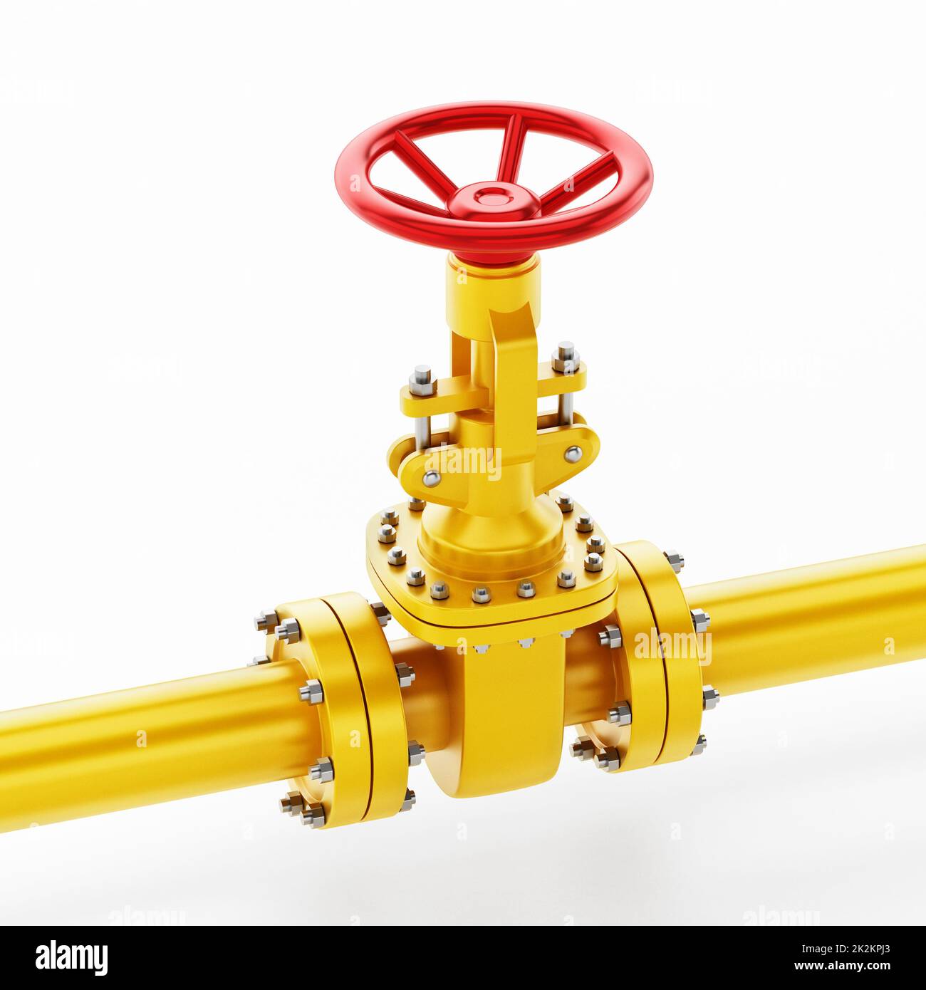 Yellow oil pipe with valve isolated on white background. 3D