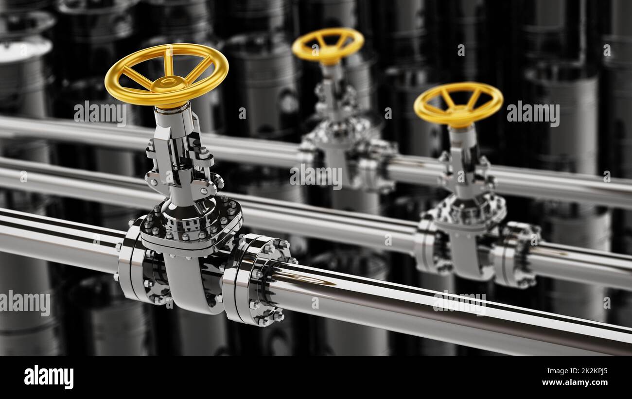 Oil pipes with yellow valves against black oil drums background. 3D illustration Stock Photo Alamy