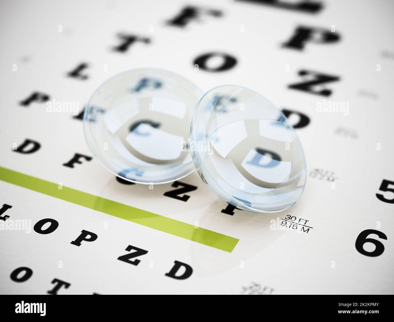 Set of optical lenses standing on eye test chart. 3D illustration Stock