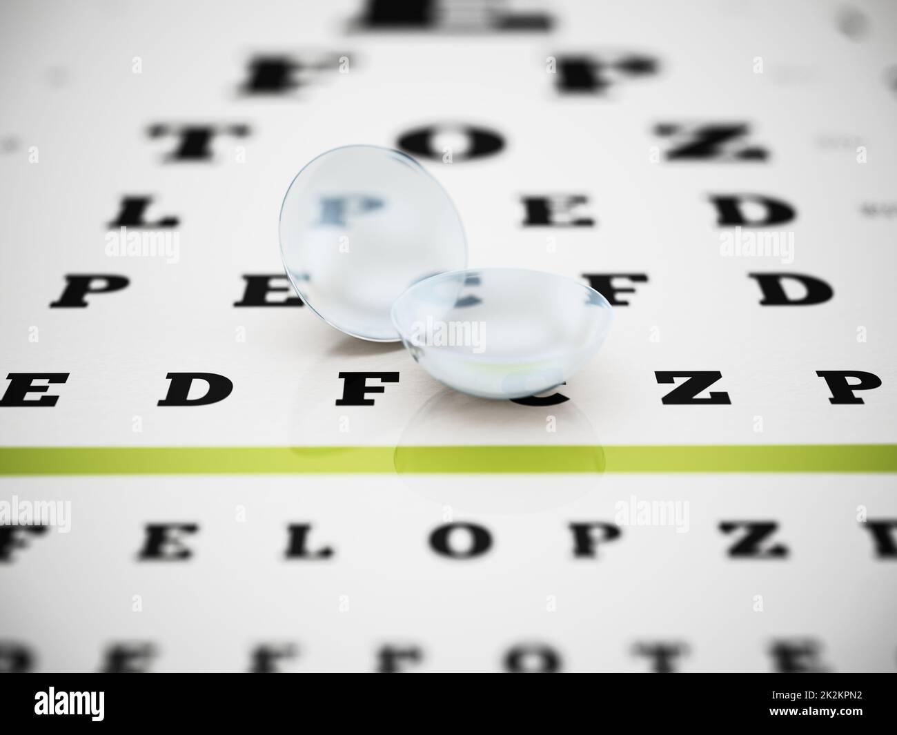 Set of optical lenses standing on eye test chart. 3D illustration Stock Photo