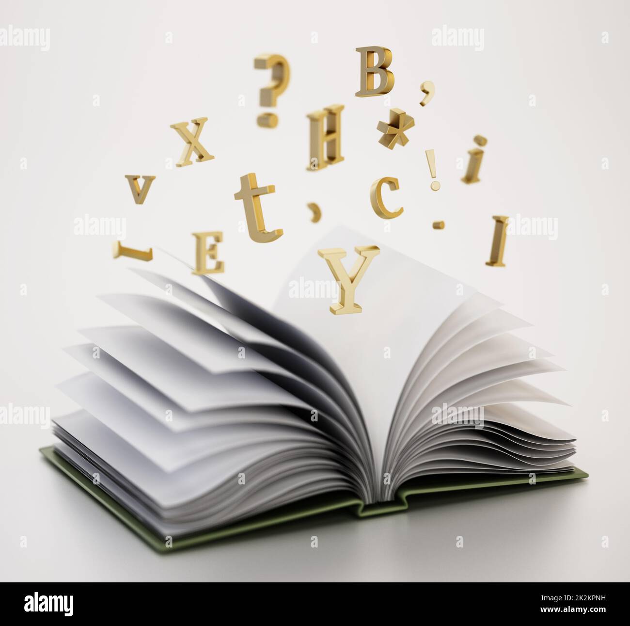 Open book with flying letters in the air. 3D illustration Stock Photo