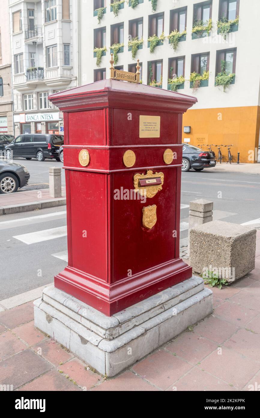 Belgrade, Serbia - June 7, 2022: Historic red mailbox of Serbian post. Stock Photo
