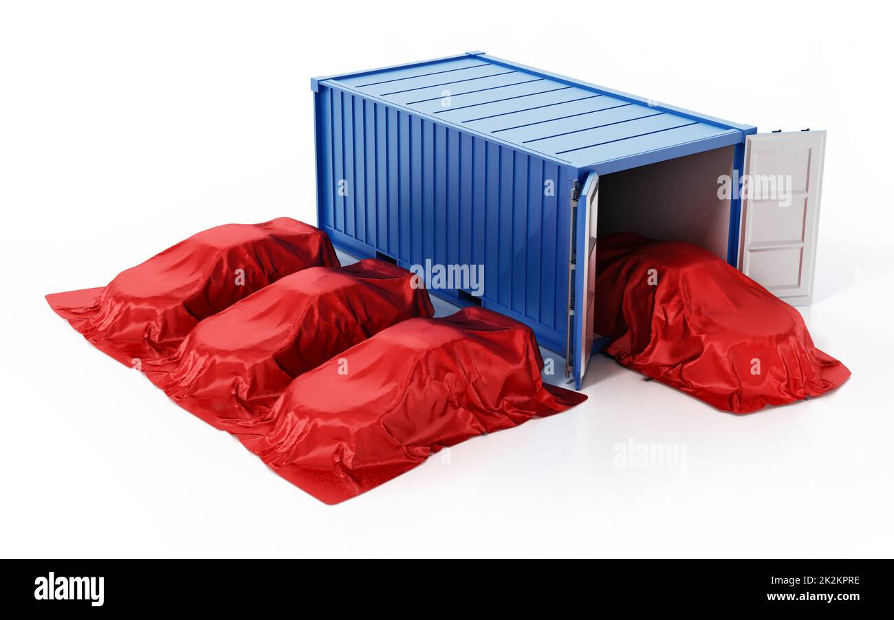 New unloaded cars covered with red clothes and shipping container isolated on white background. 3D illustration Stock Photo