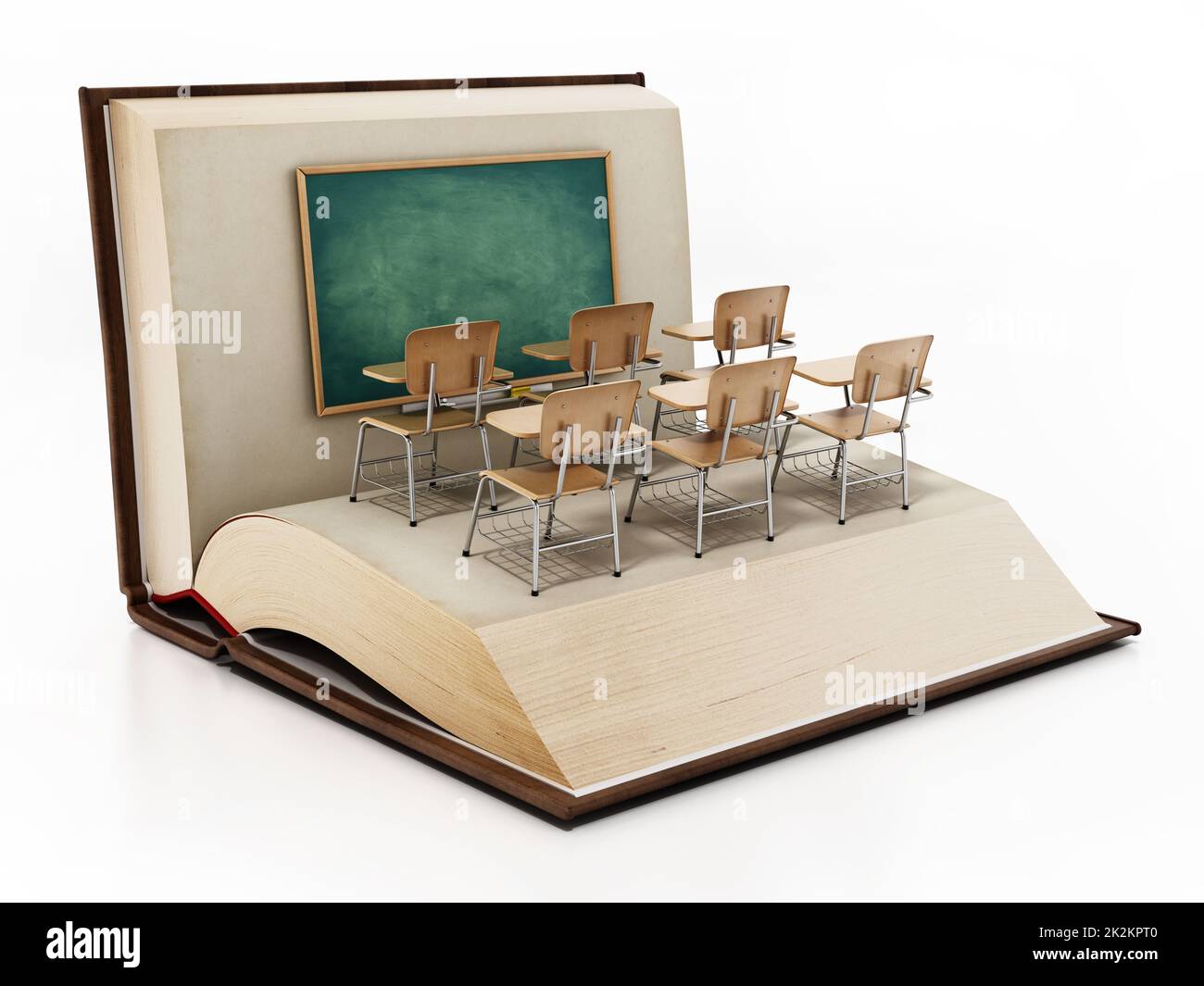 Classroom seats and blackboard standing on open book pages. Education concept. 3D illustration Stock Photo