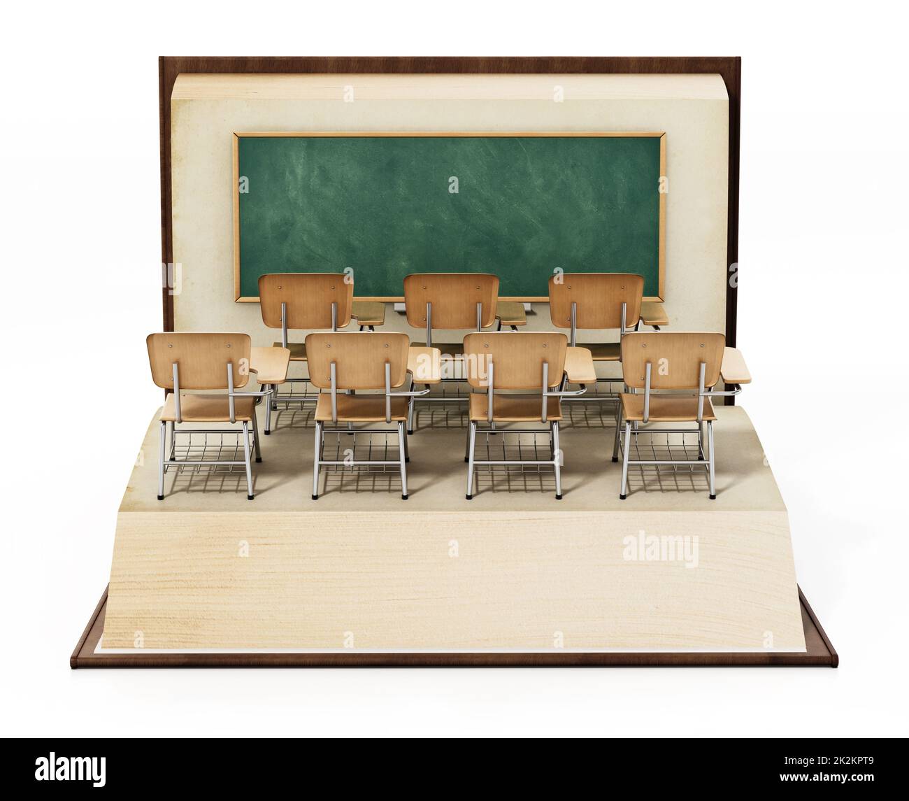 Classroom seats and blackboard standing on open book pages. Education concept. 3D illustration Stock Photo