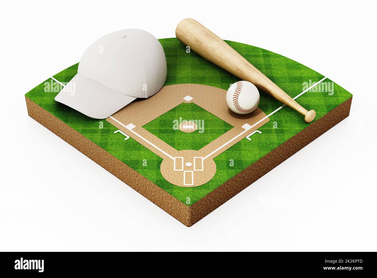 Baseball pitch, cap, ball and bat isolated on white background. 3D