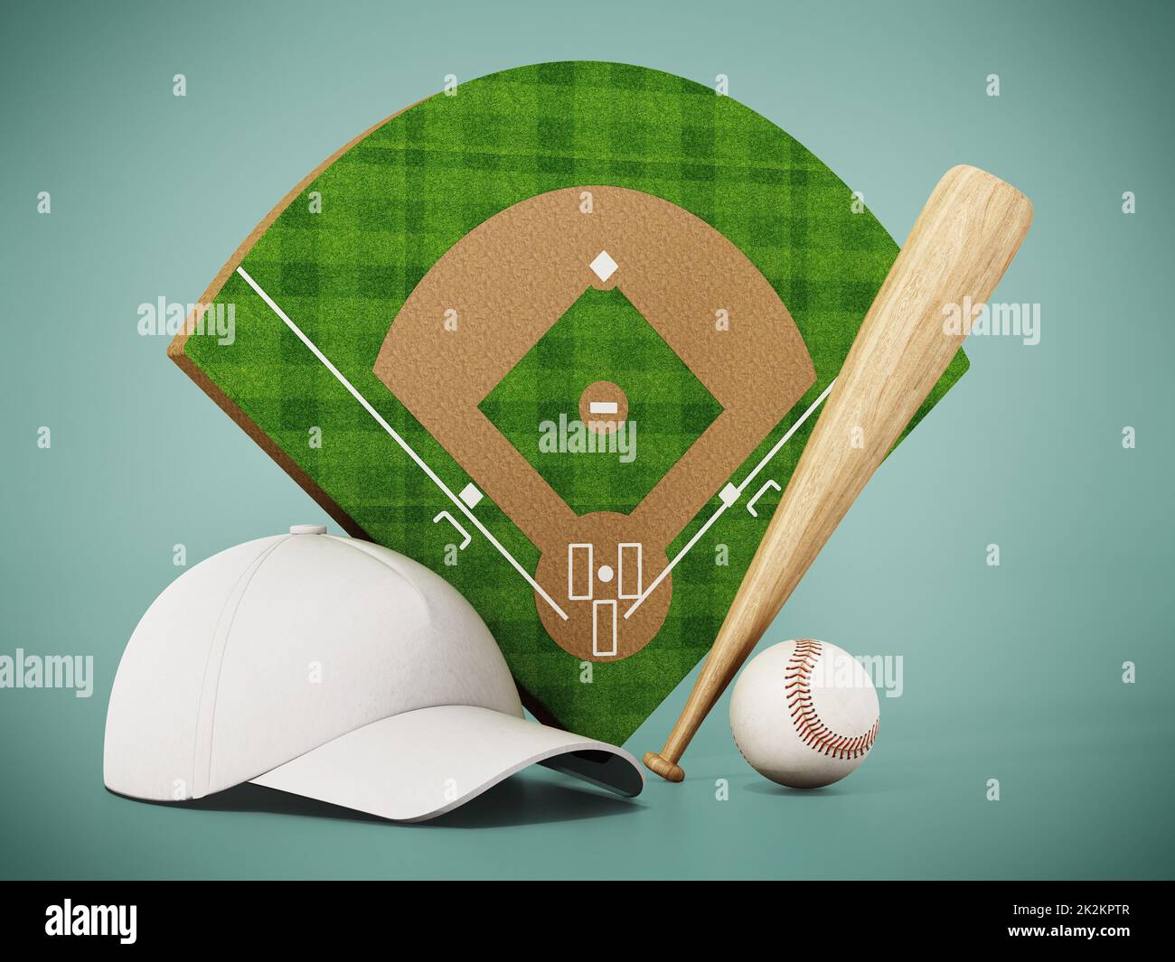 Baseball pitch, cap, ball and bat standing on green background. 3D
