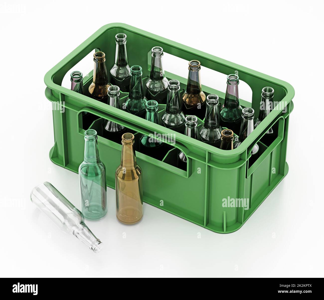 Empty glass beer bottles inside green crate. 3D illustration Stock