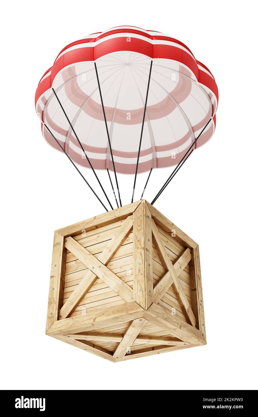 Parachute carrying wooden crate isolated on white background. Transportation and shipment concept. 3D illustration Stock Photo