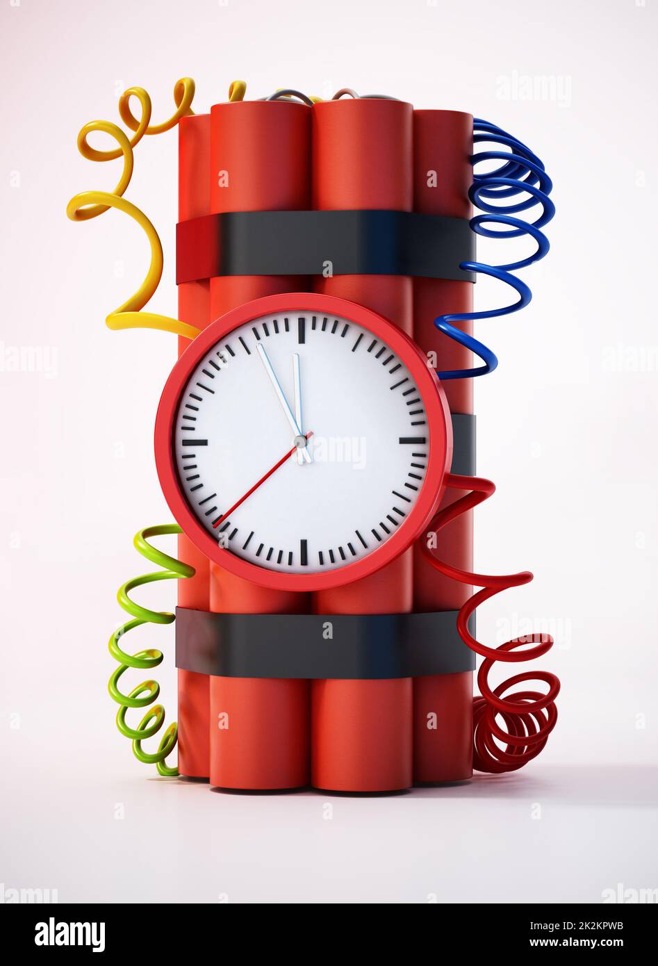 Dynamite clock pointing a few minutes to 12 o'clock. 3D illustration