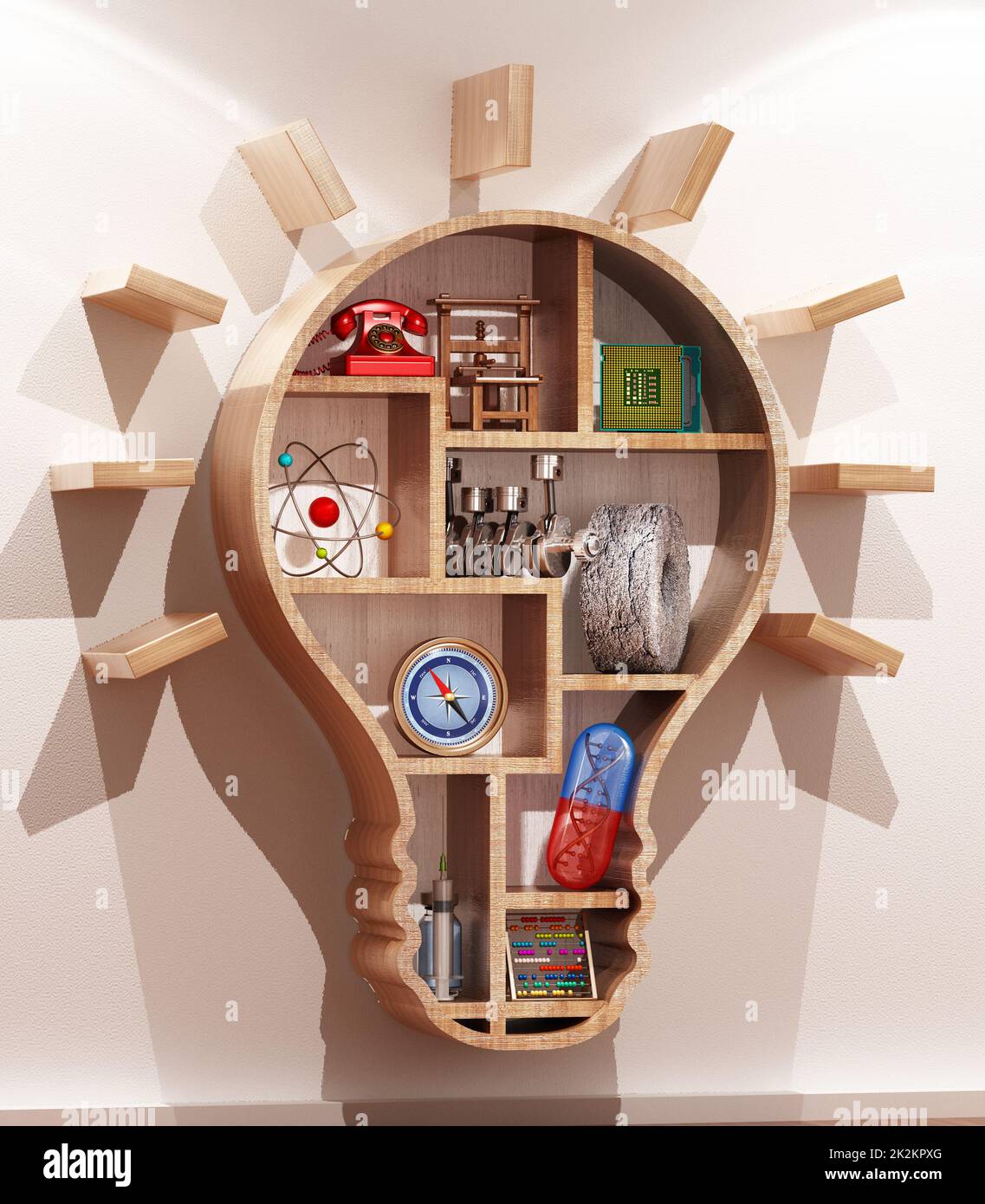 Objects representing important inventions in history standing on lightbulb shaped shelves. 3D