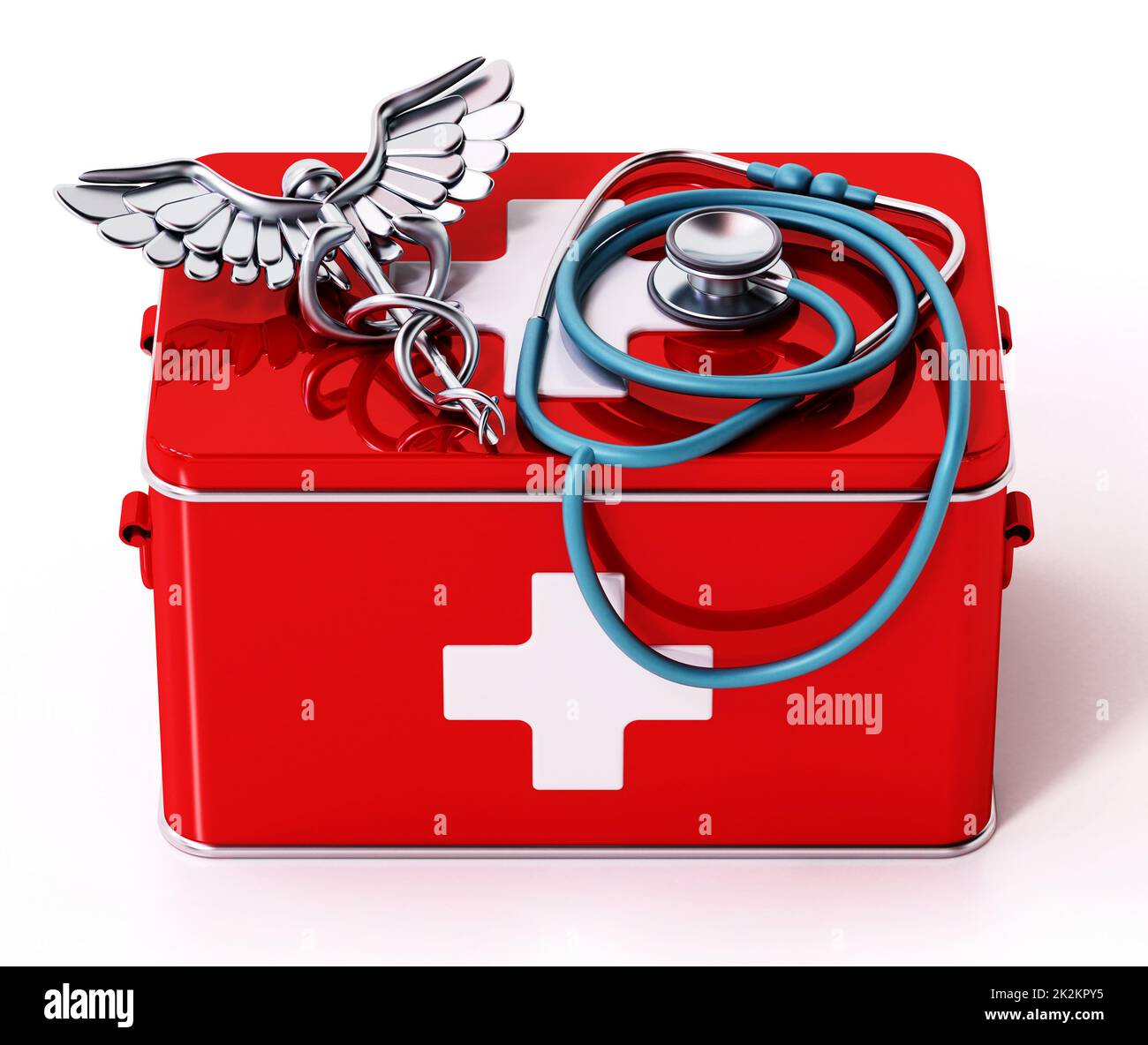 Medicine box, caduceus and stethoscope isolated on white background. 3D
