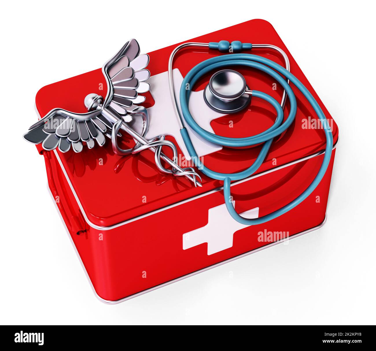 Medicine box, caduceus and stethoscope isolated on white background. 3D