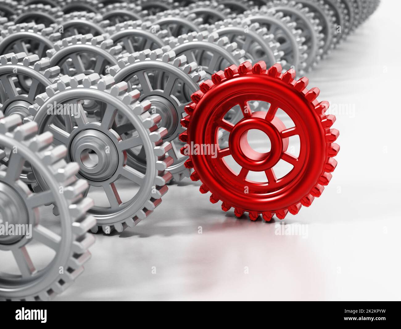 Red gear in motion stands out among other cogwheels. 3D illustration Stock Photo