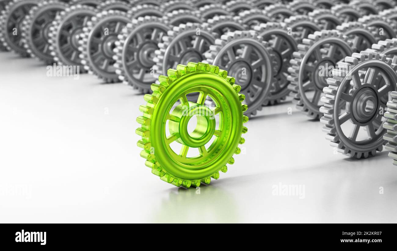 Red gear in motion stands out among other cogwheels. 3D illustration Stock Photo