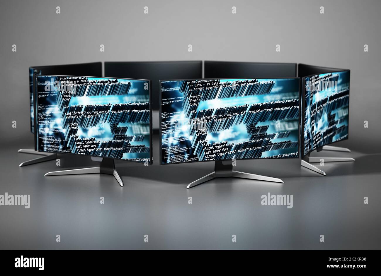 Generic monitors with code wallpapers. 3D illustration Stock Photo