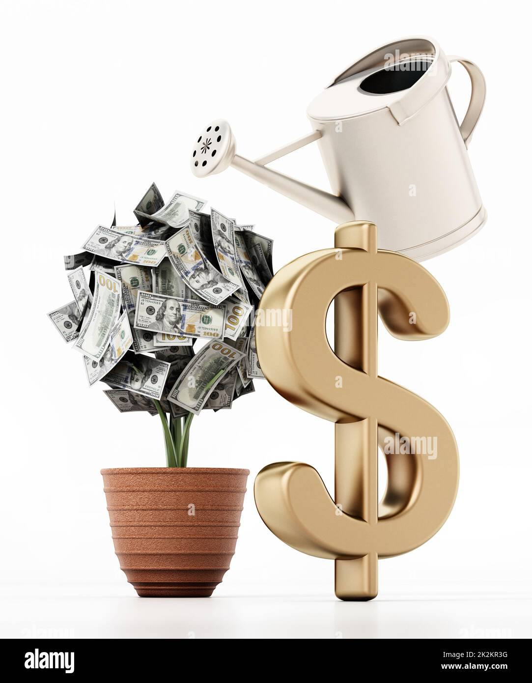 Money plant in the pot. 100 dollar bills on the plant. 3D illustration