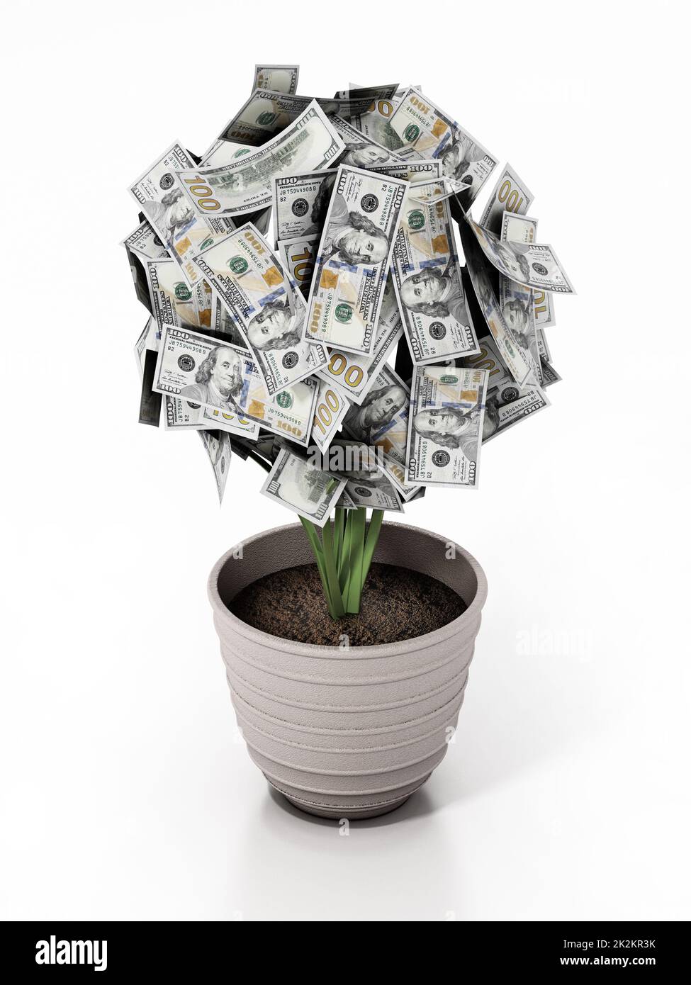 Money plant in the pot. 100 dollar bills on the plant. 3D illustration