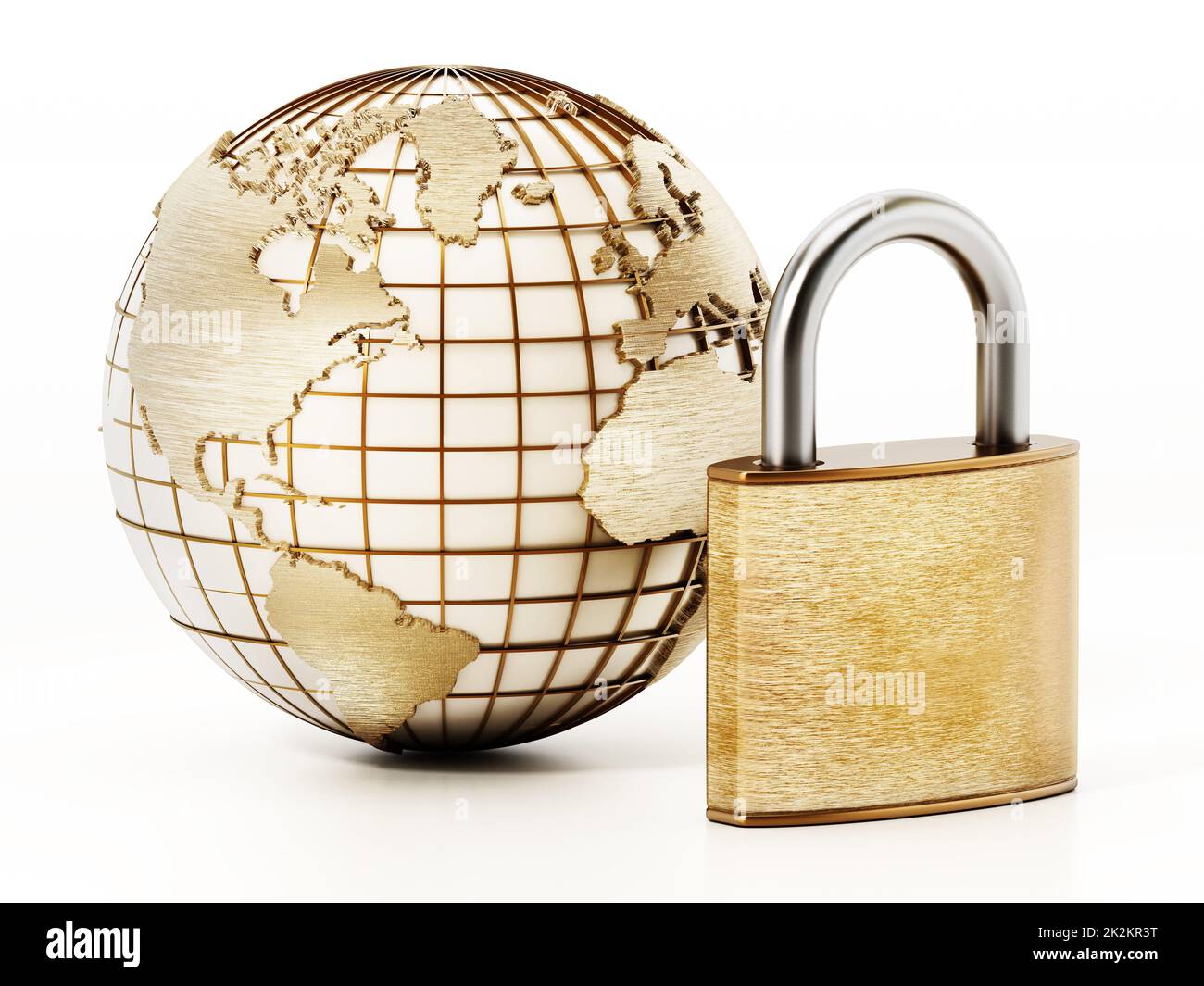 Globe and padlock isolated on white background. 3D illustration Stock Photo