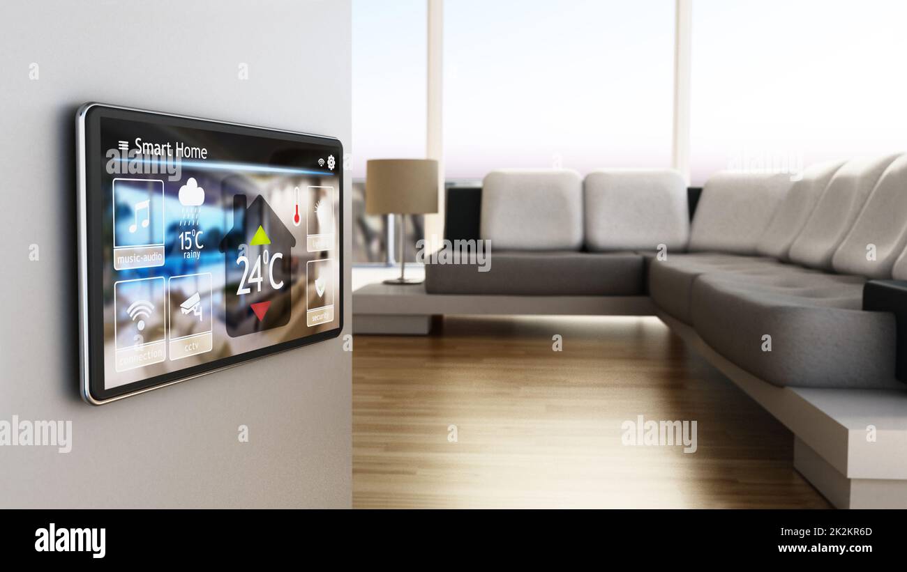 Smart home concept. Tablet with smart home controls on the wall of the ...