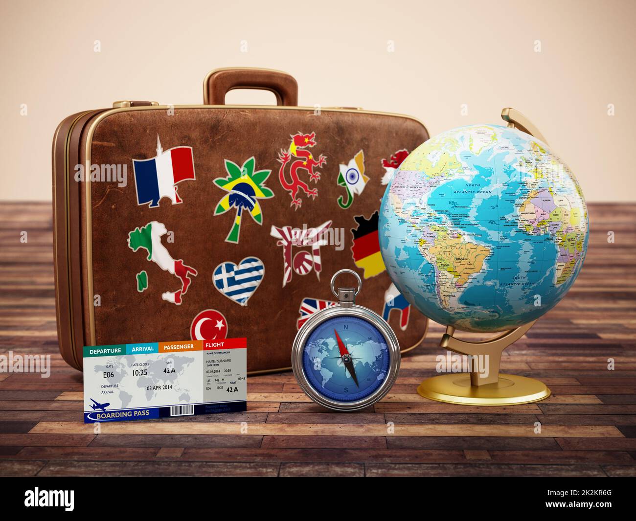 Vintage suitcase with flags of world countries, globe, compass and plane tickets. 3D illustration Stock Photo