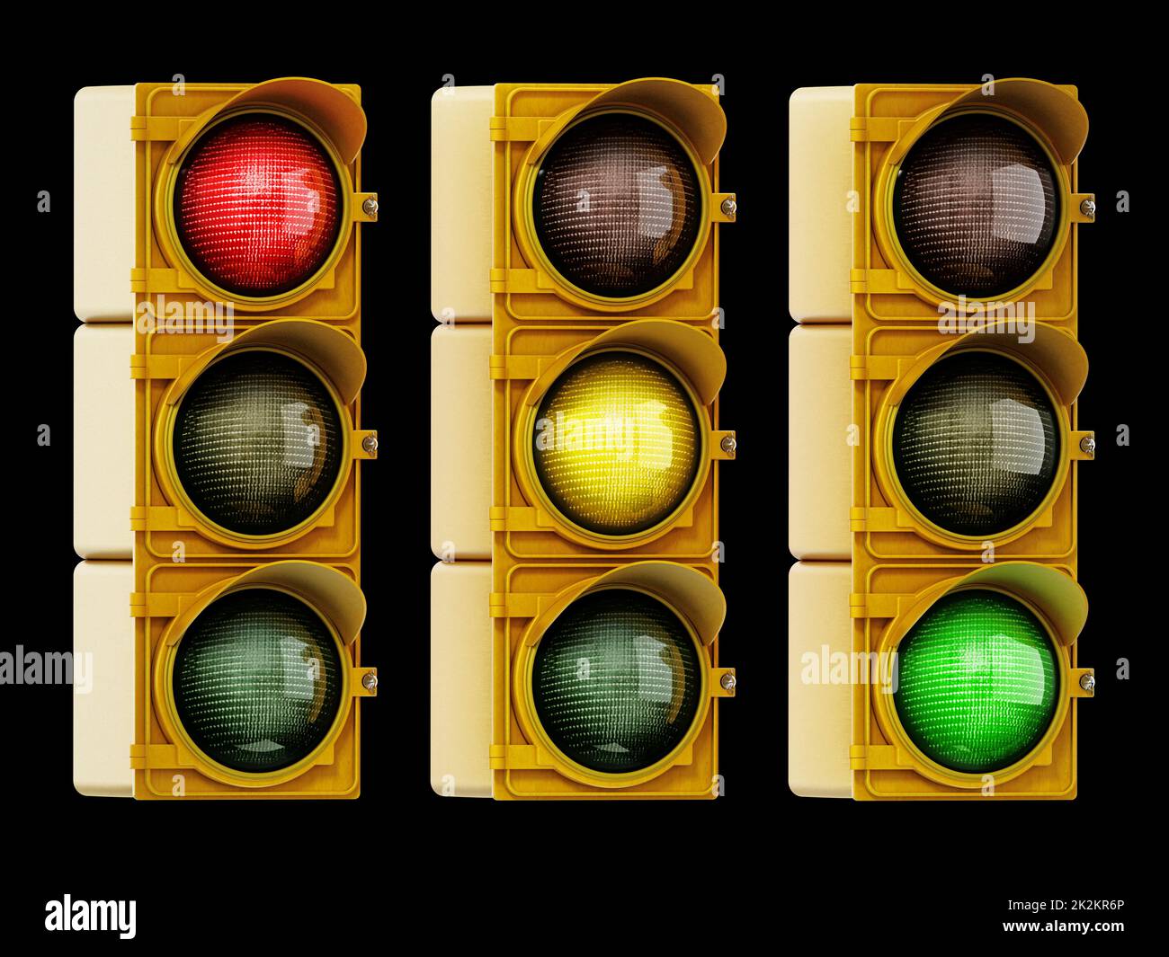 Traffic lights with red, yellow and green lights isolated on black