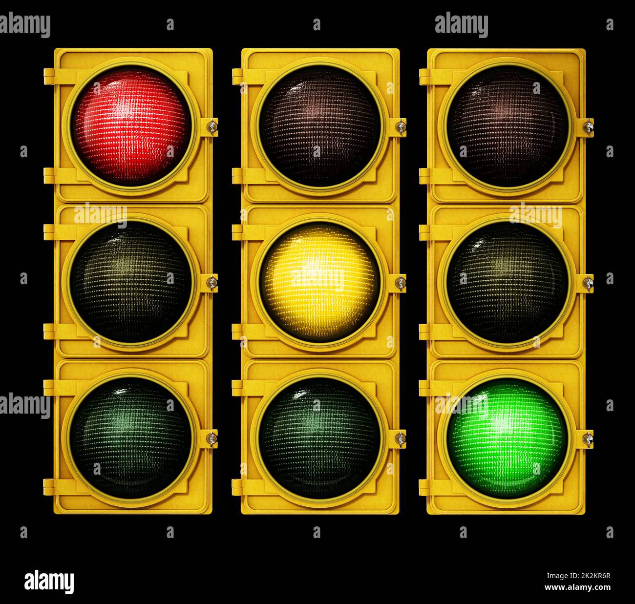 Traffic lights with red, yellow and green lights isolated on black ...