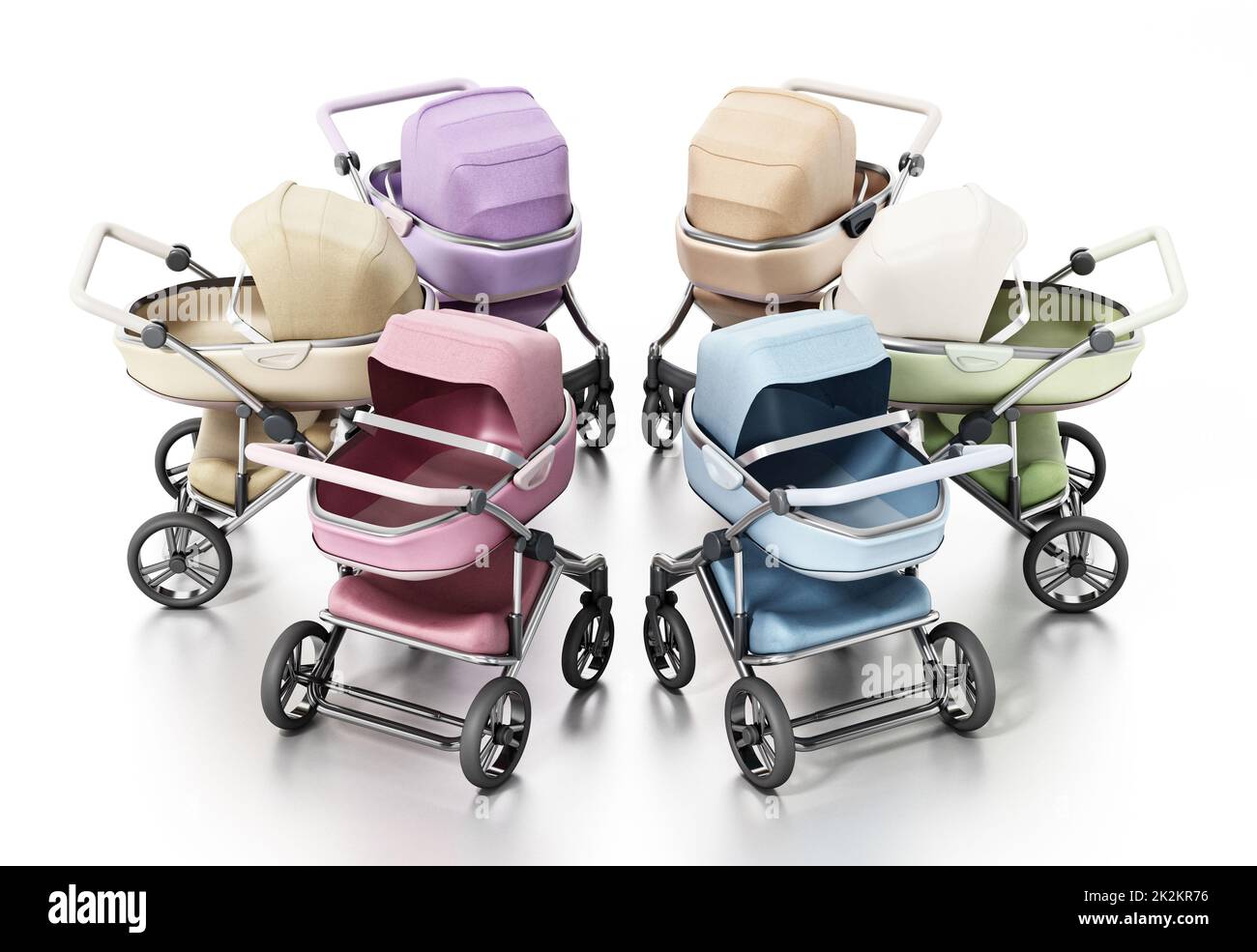Group of vintage baby strollers isolated on white background. 3D illustration Stock Photo
