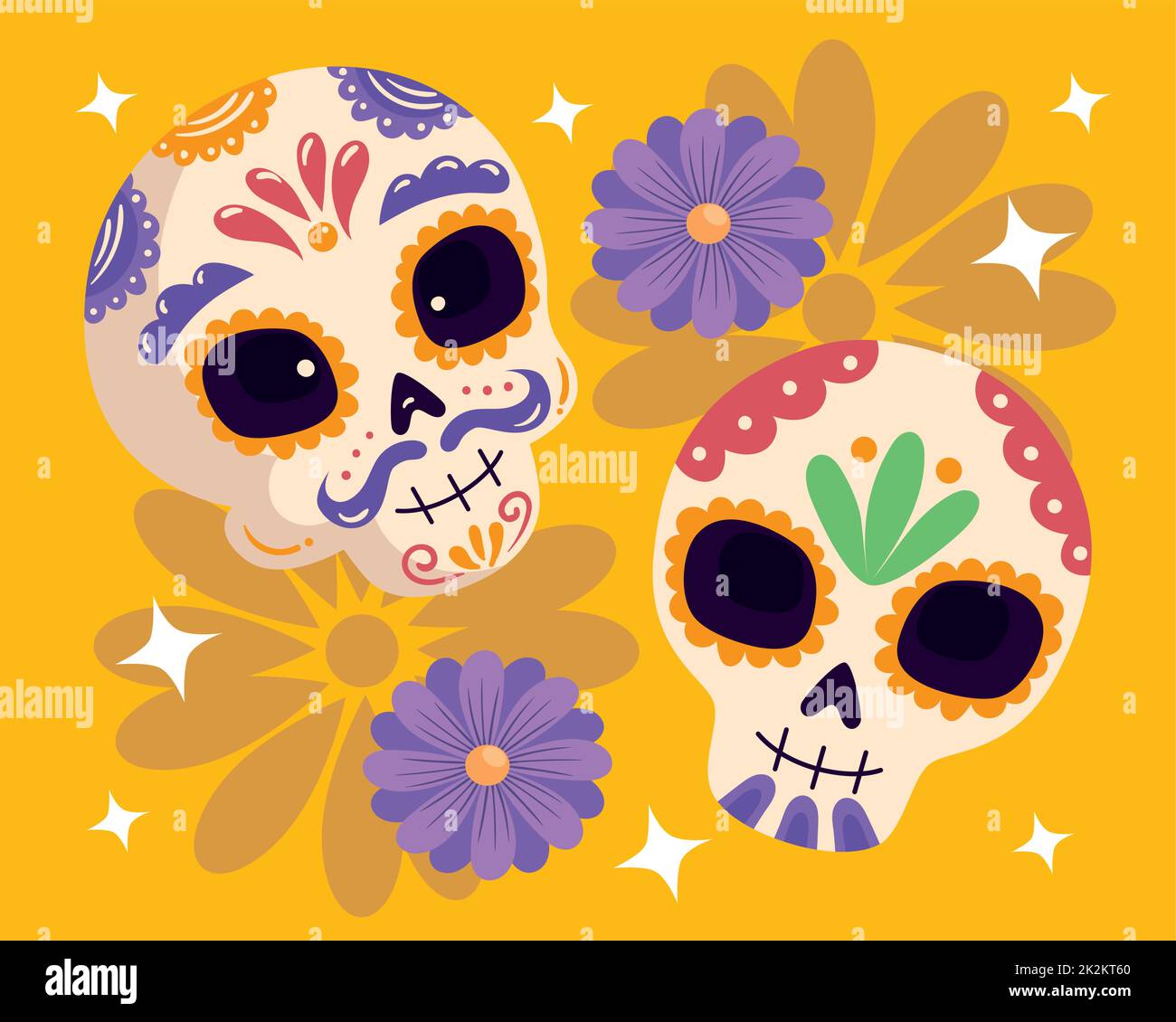dia de los muertos skulls with flowers Stock Vector