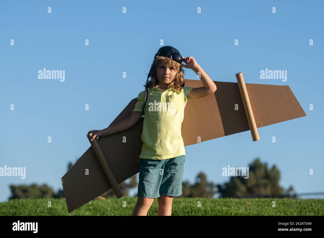 Funny boy with toy cardboard airplane wings fly. Startup freedom concept. Child wearing aviator costume outdoor. Imagines little pilot dreams of Stock Photo