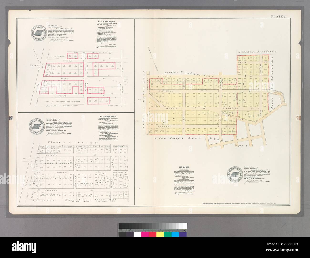Cartographic, Maps. 1888 - 1897. Lionel Pincus and Princess Firyal Map Division. Bronx (New York, N.Y.) Plate 21: Vol. 3 of Maps, Page 32 Bounded by Waverly St., Monroe Ave., Orchard St., and Central Ave. - Map No. 189: Bounded by Ludlow St., Prescott Ave., Morris St., Monroe Ave., Orchard St. and Jackson Ave. - Vol. 3 of Maps, page 27: Bounded by Waverly St., Monroe Ave., Orchard St. and Central Ave. Stock Photo