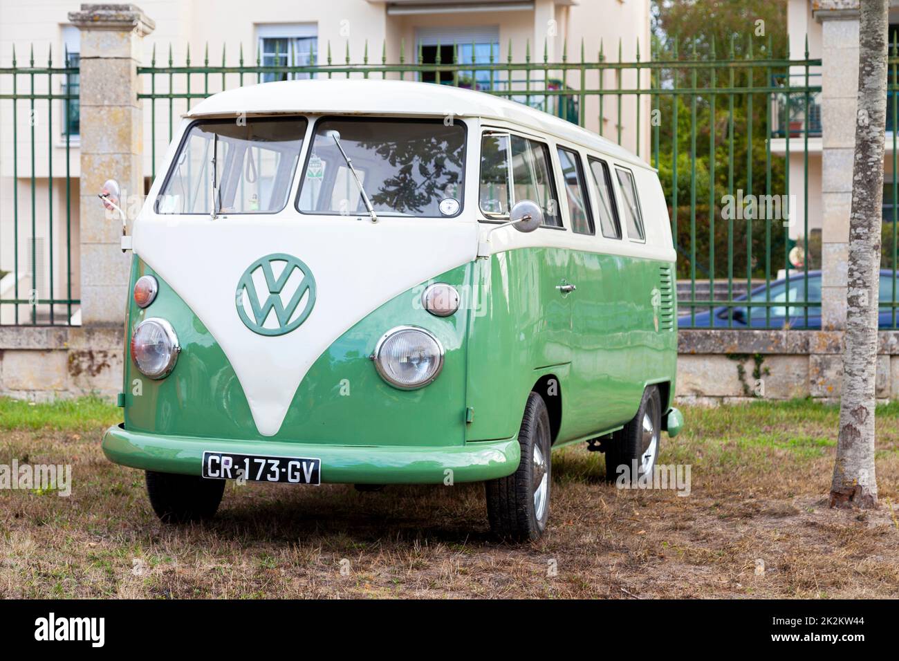 Lamorlaye, France -  September 06 2020: Beige and green Volkswagen Bus Split from the sixties. Stock Photo