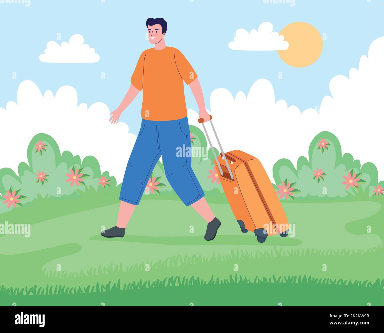 male traveler with suitcace in landscape Stock Vector
