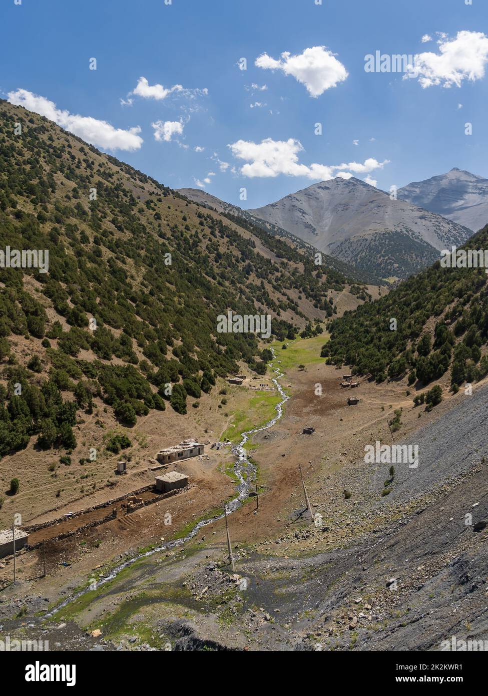 Scenic rural landscape of agricultural valley in the Turkestan mountain range near Shakhristan tunnel, Sughd region, Tajikistan Stock Photo